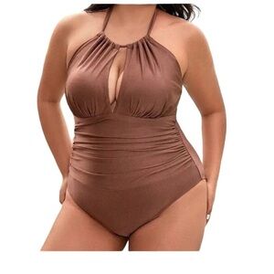 Women One Piece Swimsuit Tummy Control Bathing Suit Swimwear Brown Plus Size 1X